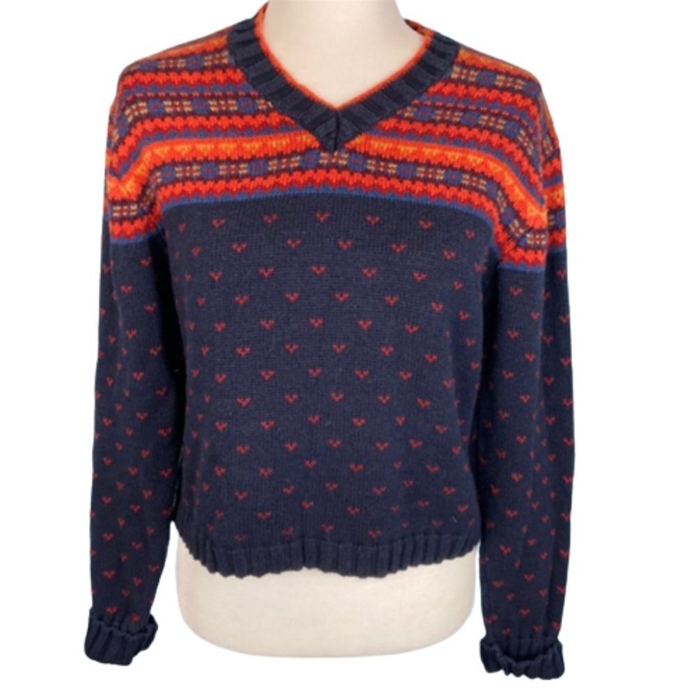 Vintage Paris Sport Club Fair Isle Teal Knit Cropped V Neck Sweater Size Large
